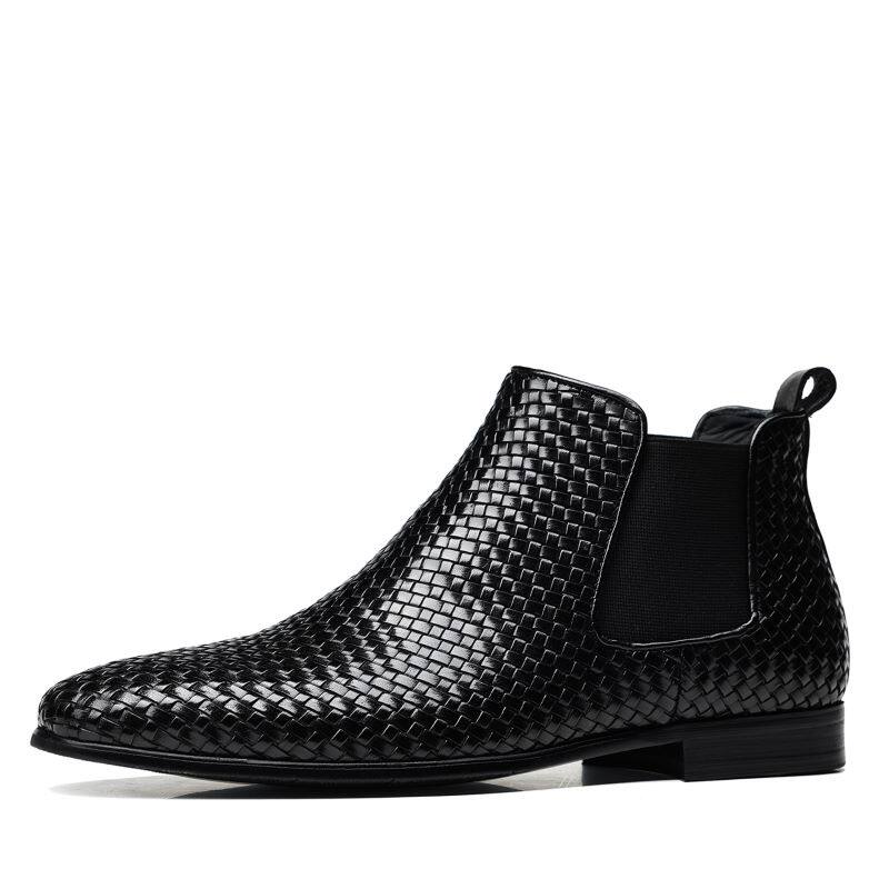 Black woven leather chelsea dress boot with side elastic panel and low block heel