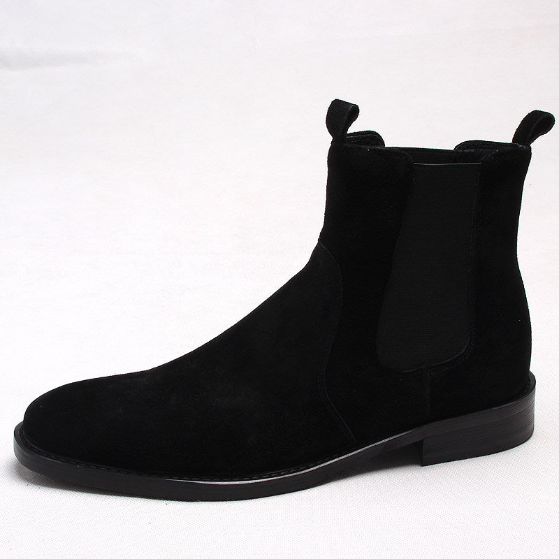 Black suede Chelsea boots with elastic side panels and dark low block heel