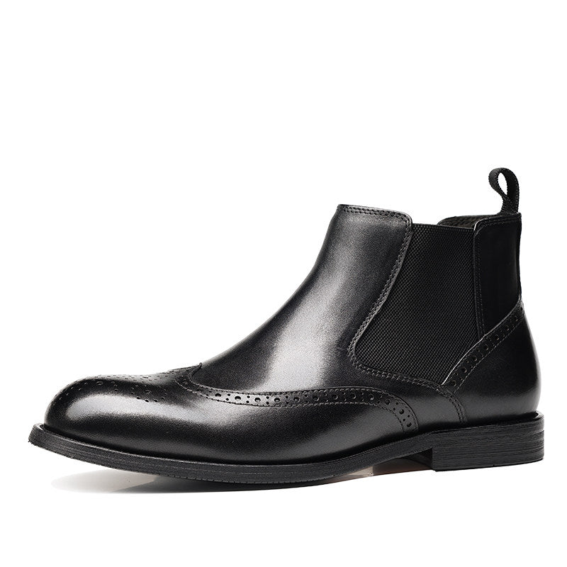 Men's black leather chelsea dress boots, slip-on elastic side panels, cap toe.