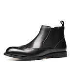 Men's black leather chelsea dress boots, slip-on elastic side panels, cap toe.