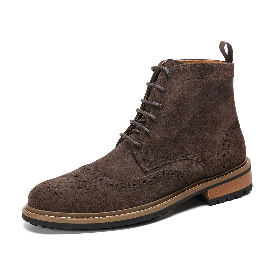 Men's dark brown suede chukka boots with lace-up closure and perforated wingtip trim