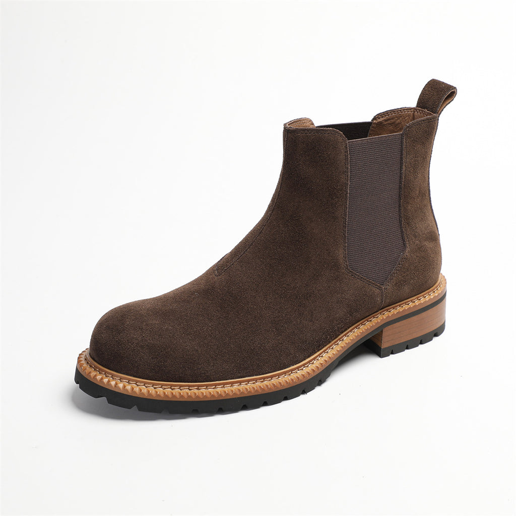 Round Plain Toe Suede Contrast-Welt Chelsea Boots for Men