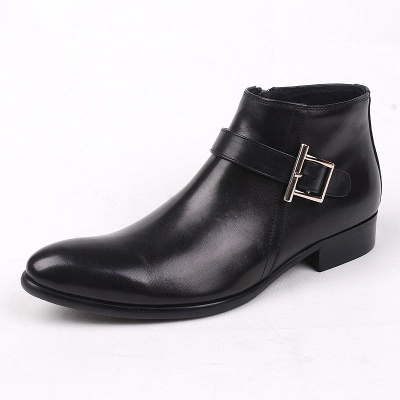 Men's black formal dress boots with side zipper and buckle strap, thick sole.