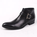 Men's black formal dress boots with side zipper and buckle strap, thick sole.