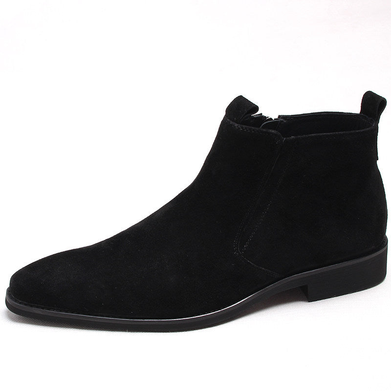 Black side-zip dress boots with thick sole, suede-look upper, ankle height.