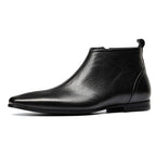 Black leather ankle boot with side zipper and thick sole, formal dress style.