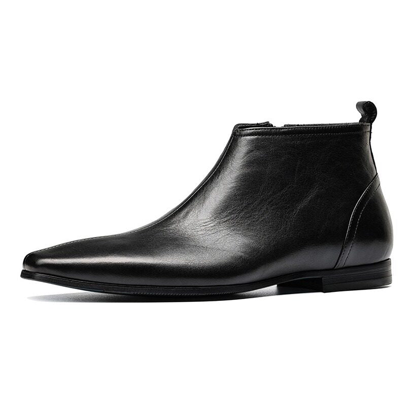 Black leather ankle boot with side zipper and thick sole, formal dress style.
