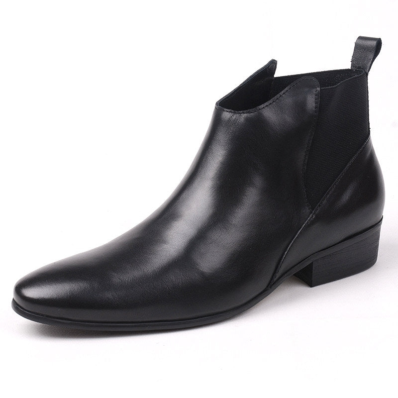 Black leather Chelsea dress boots with side elastic panels and low block heel
