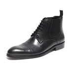 Black leather lace-up Chelsea dress boots with elastic side panels and low heel