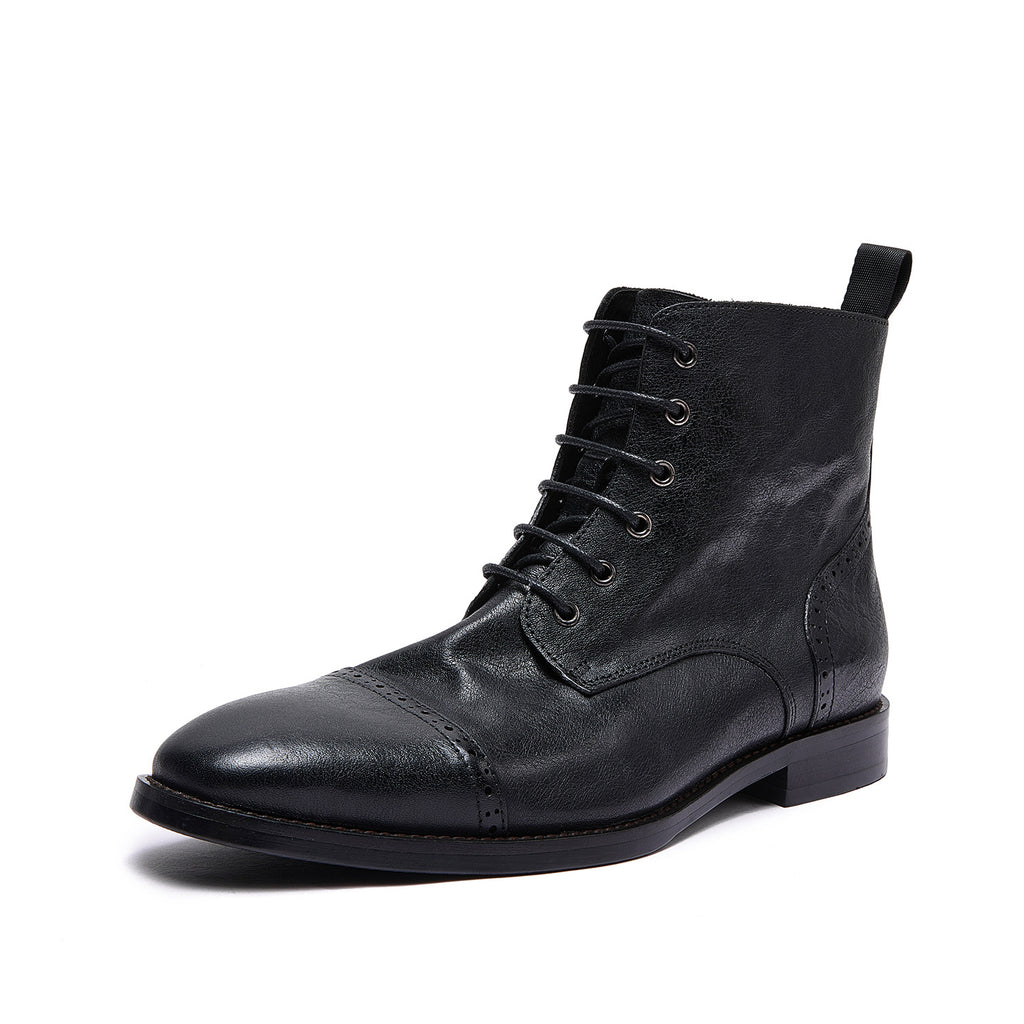 Cap Toe Leather Side-Zip Lace-Up Boots for Men