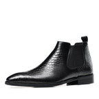 Men's genuine leather Chelsea dress boots, black with side elastic gore and sleek toe