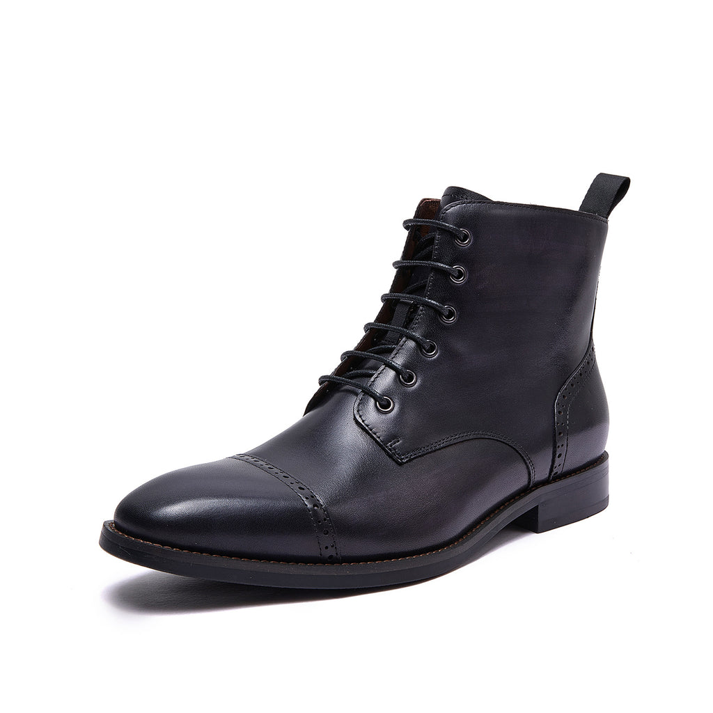 Men's dark leather lace-up dress boot with ankle-height collar and low heel