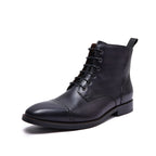 Men's dark leather lace-up dress boot with ankle-height collar and low heel