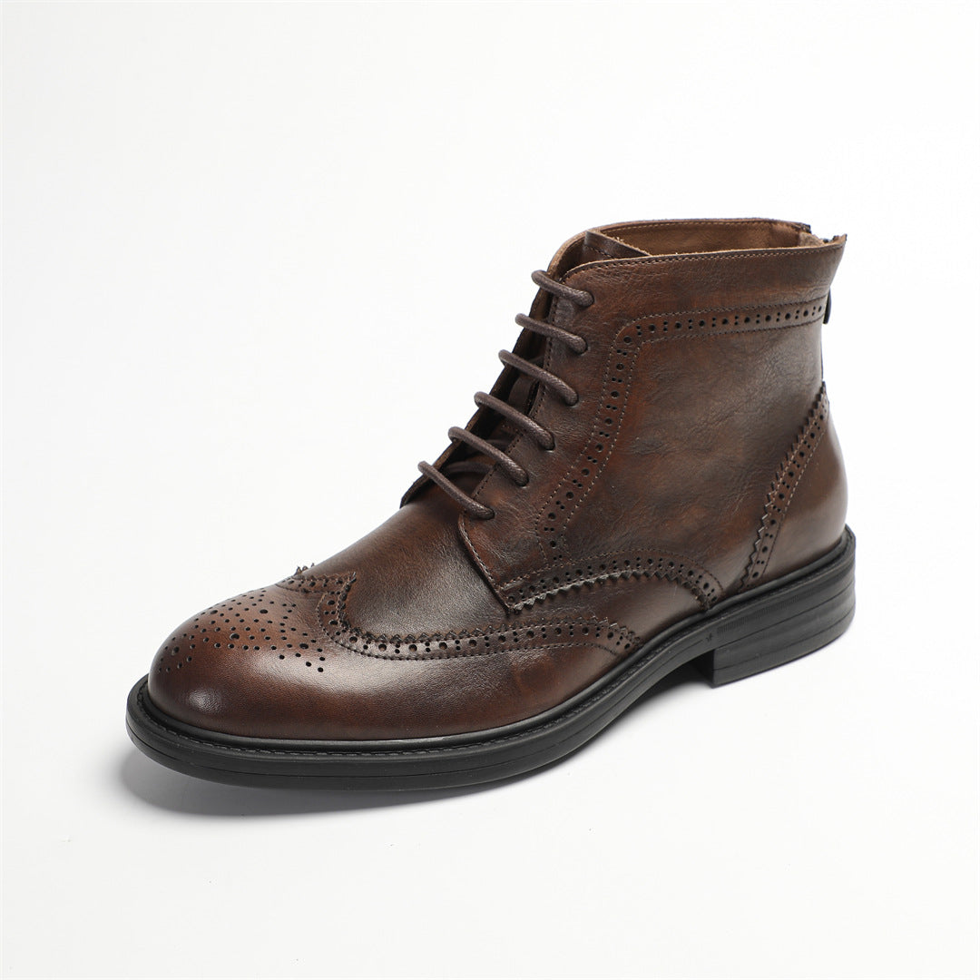 Burnished Wingtip Brogue Leather Back-Zip Boots for Men