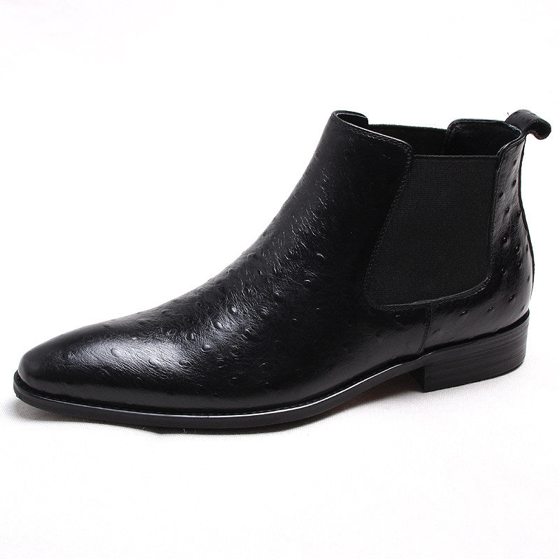 Black leather slip-on Chelsea dress boot with side elastic gore and low block heel