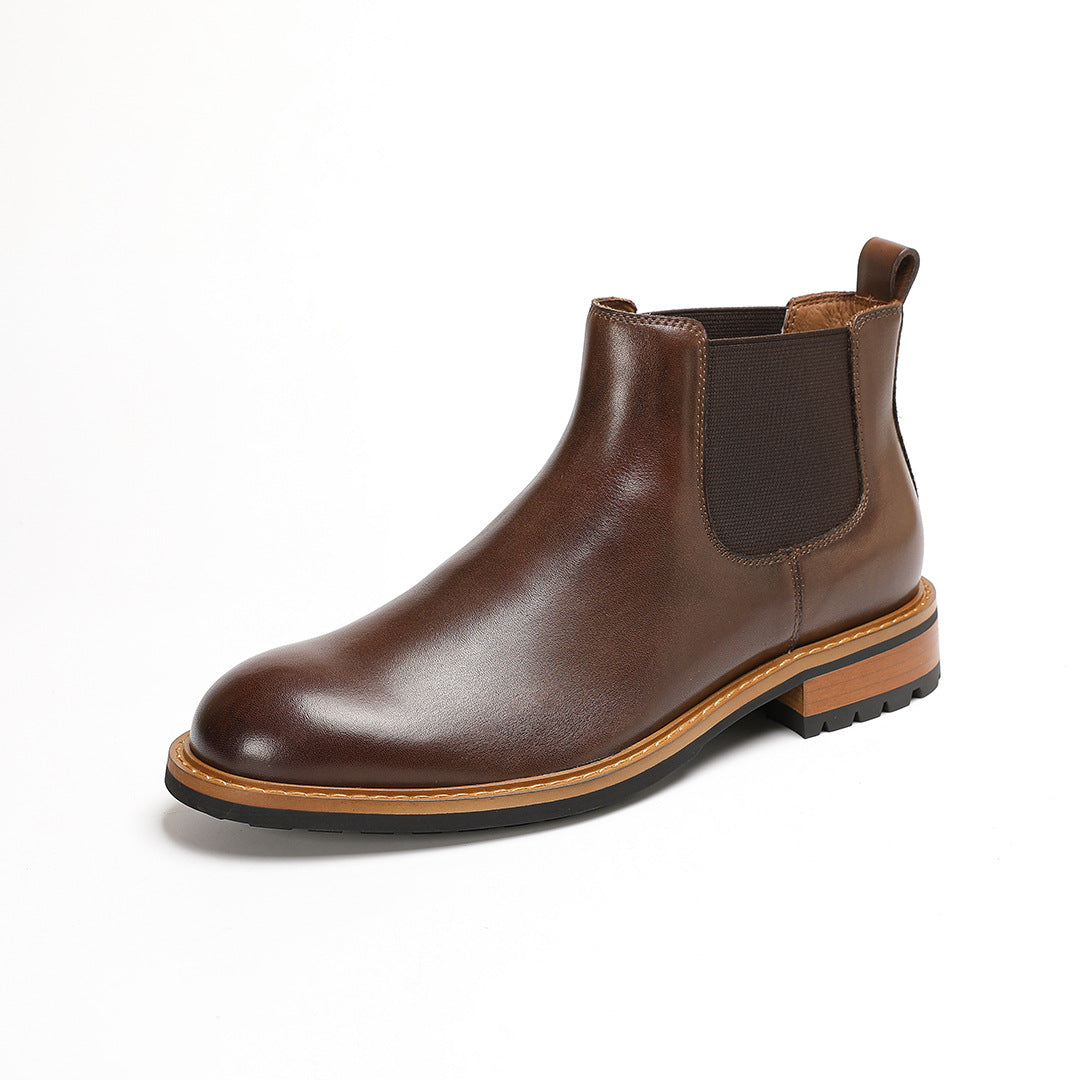 Round Plain Toe Leather Lug Chelsea Boots for Men