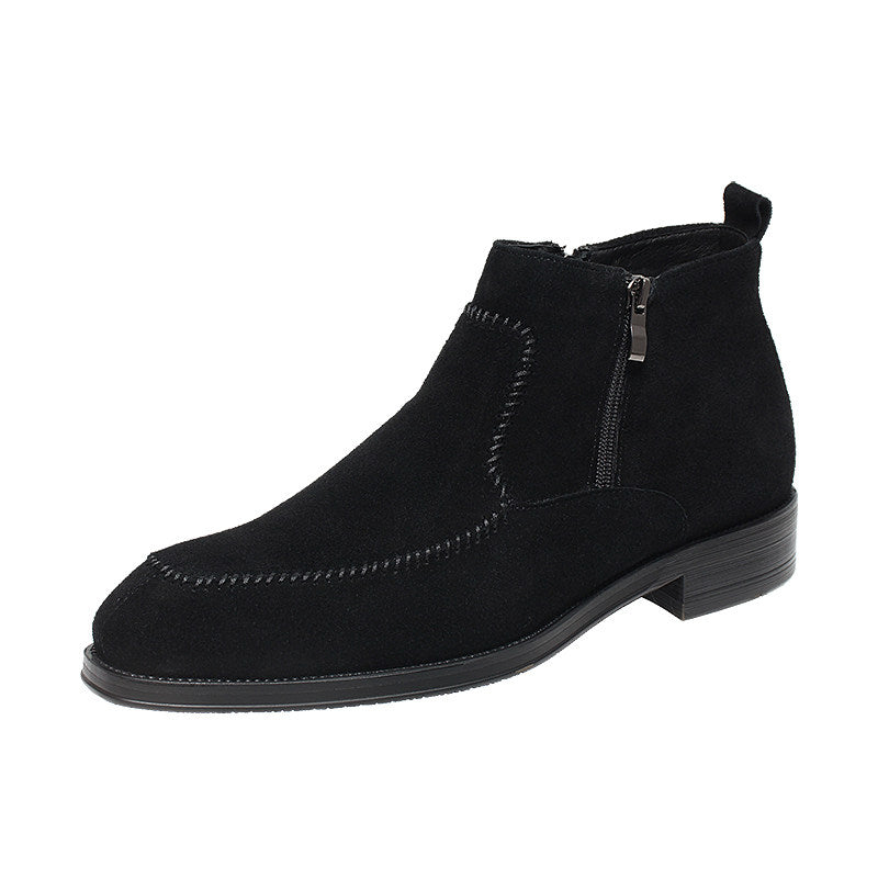 Black suede ankle boots with side zip and thick sole, stitched toe and quarter