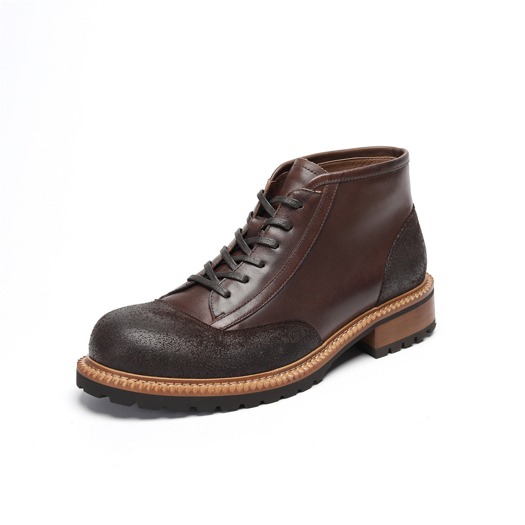 Men's Leather Textured Cap Toe Lug Sole Lace-Up Boots