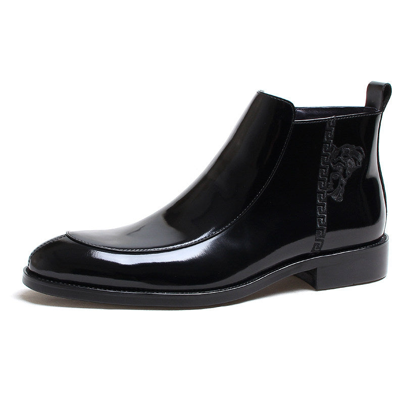 Men's thick-sole leather side-zip formal boots, black, ankle height profile view