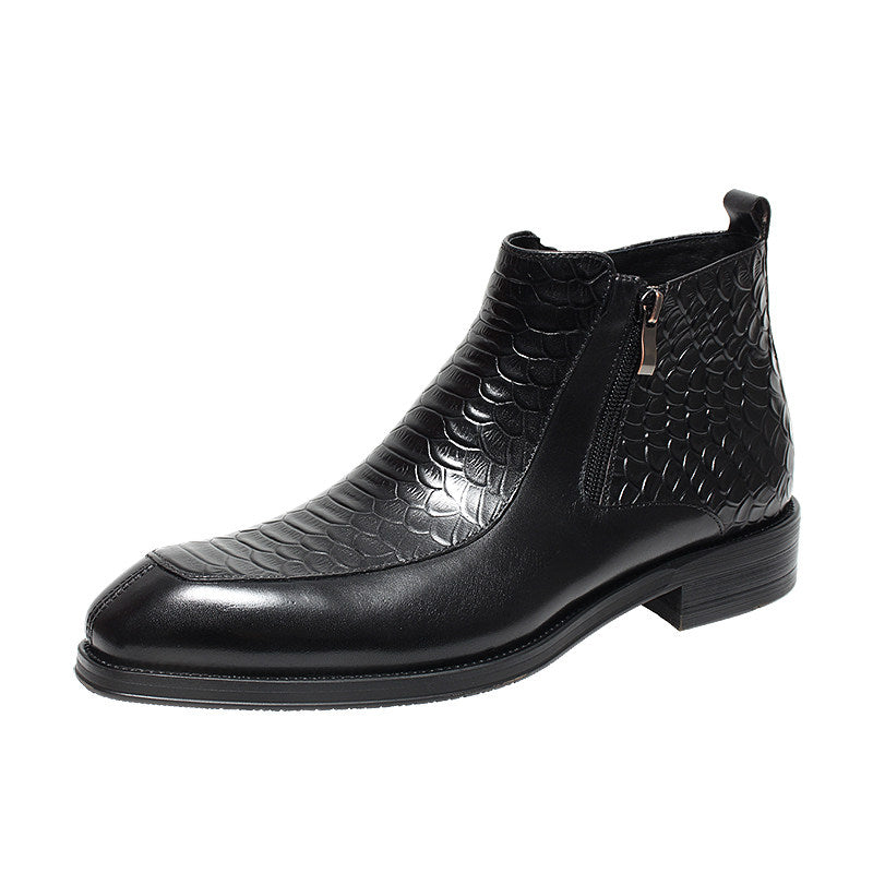 Men's black leather ankle boots with side zip, thick sole, embossed texture