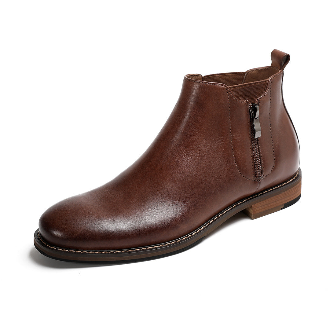 Men's pointed cap-toe leather side-zip dress boot, brown, angled front view
