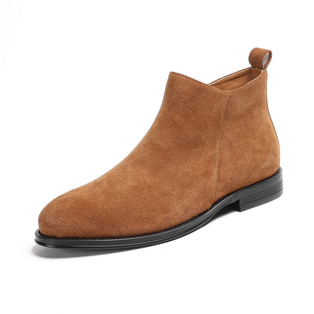 Men's point-toe leather side-zip dress boot in tan suede, clean side profile