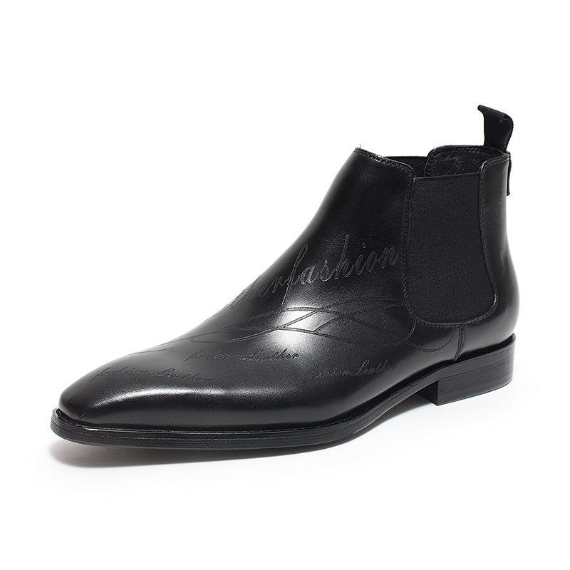 Men's black leather slip-on Chelsea dress boots with elastic side panels and pull tabs