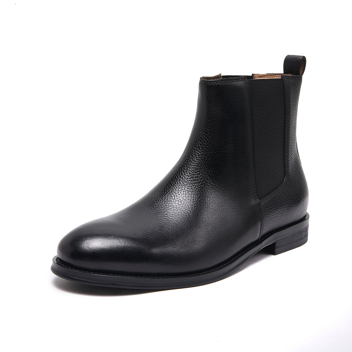 Men's chelsea dress boots, black leather, pointed toe, elastic gore