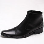 Black leather formal dress boots with side zipper and thick sole