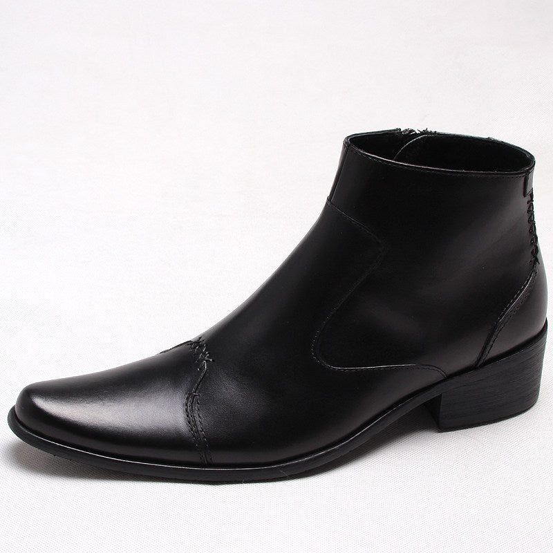 Black leather formal dress boots with side zipper and thick sole