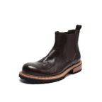 Men's pointed-toe suede Chelsea dress boots, dark brown, front view with chunky sole