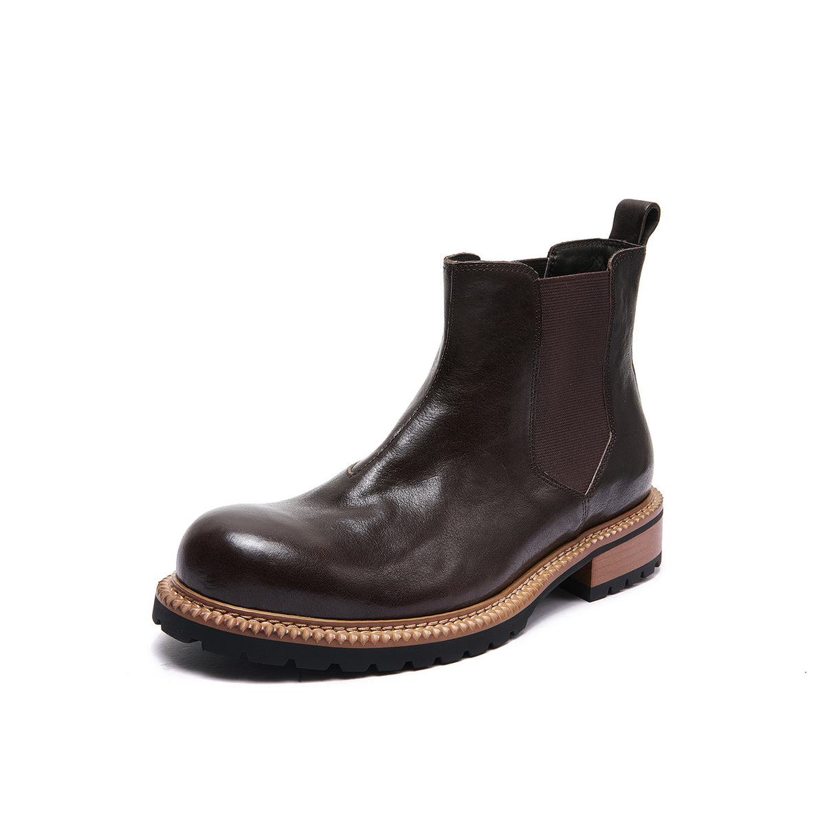 Men's pointed-toe suede Chelsea dress boots, dark brown, front view with chunky sole