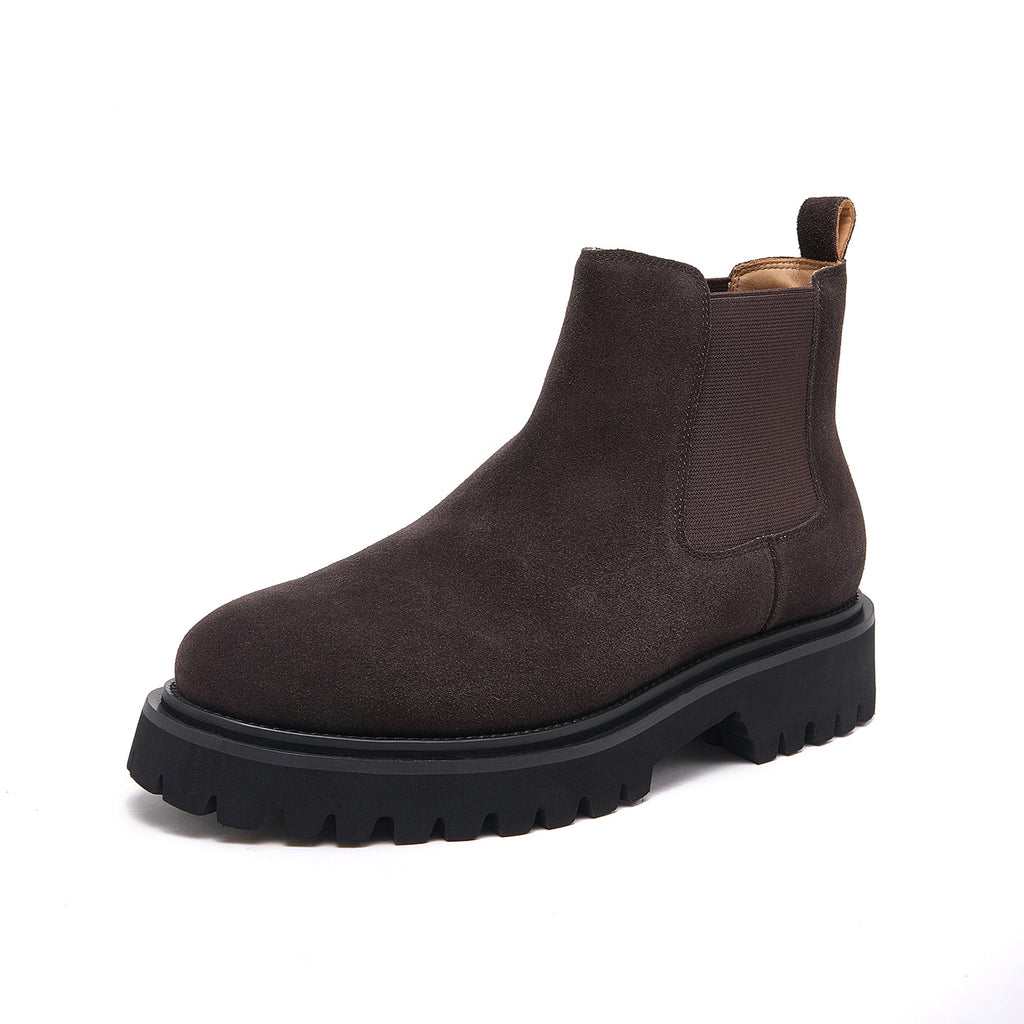 Round Plain Toe Suede Lug Chelsea Boots for Men