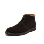 Men's dark brown suede lace-up chukka boots with tan lining and contrast stitching