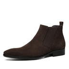 Men's genuine leather slip-on Chelsea dress boots, dark brown, elastic side panels