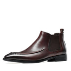 Men's genuine leather Chelsea dress boots, dark brown slip-on ankle style with elastic gore.