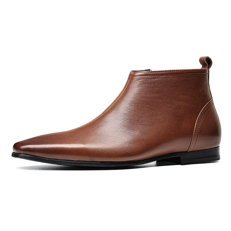 Brown leather ankle boot with side zipper and thick sole, formal dress style.