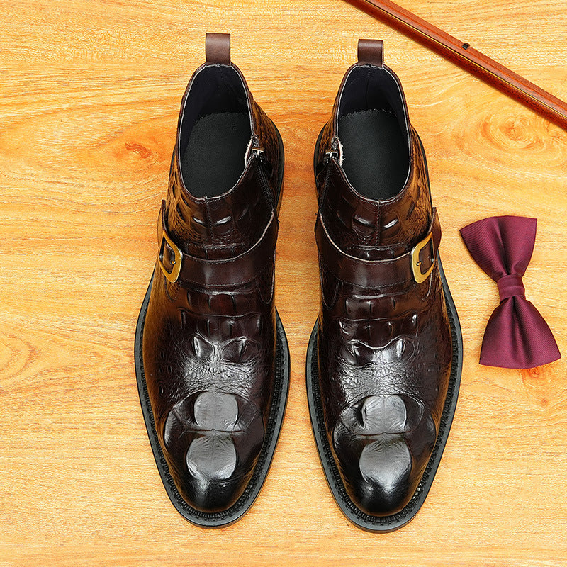 Men's Croc Embossed Buckle Leather Side-Zip Dress Boots