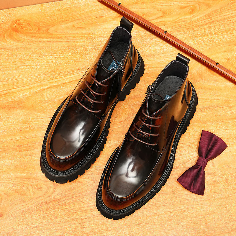 Men's Thick Sole Decorative Lace-Up Leather Zip Boots