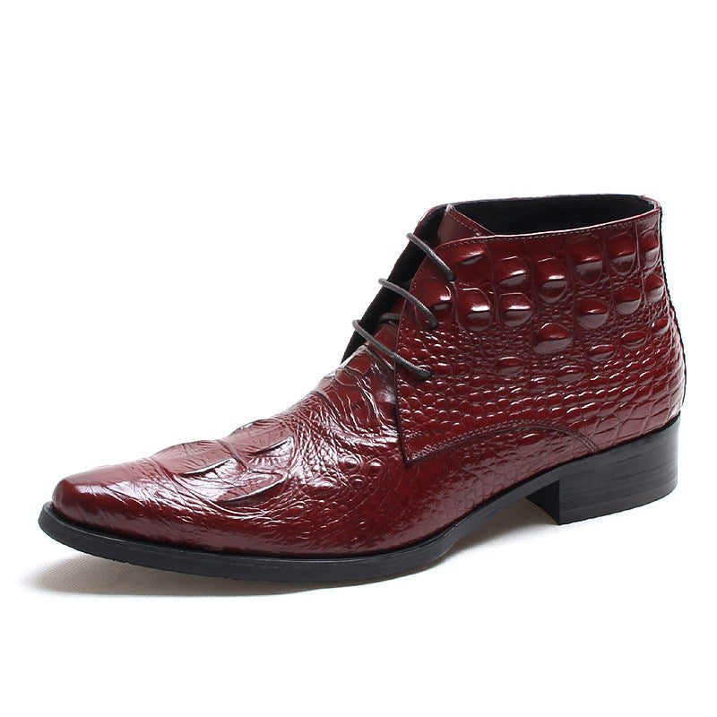 Men's burgundy wingtip brogue lace-up dress boots with textured finish and low block heel