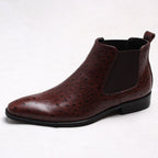 Dark brown leather slip-on Chelsea dress boot with elastic gore and low block heel