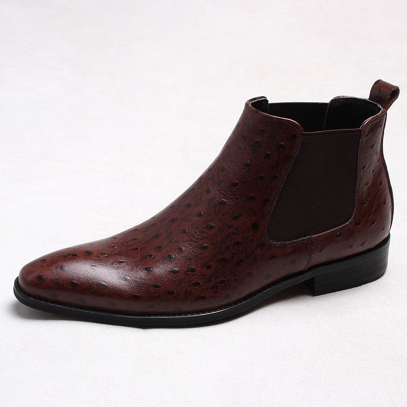 Dark brown leather slip-on Chelsea dress boot with elastic gore and low block heel