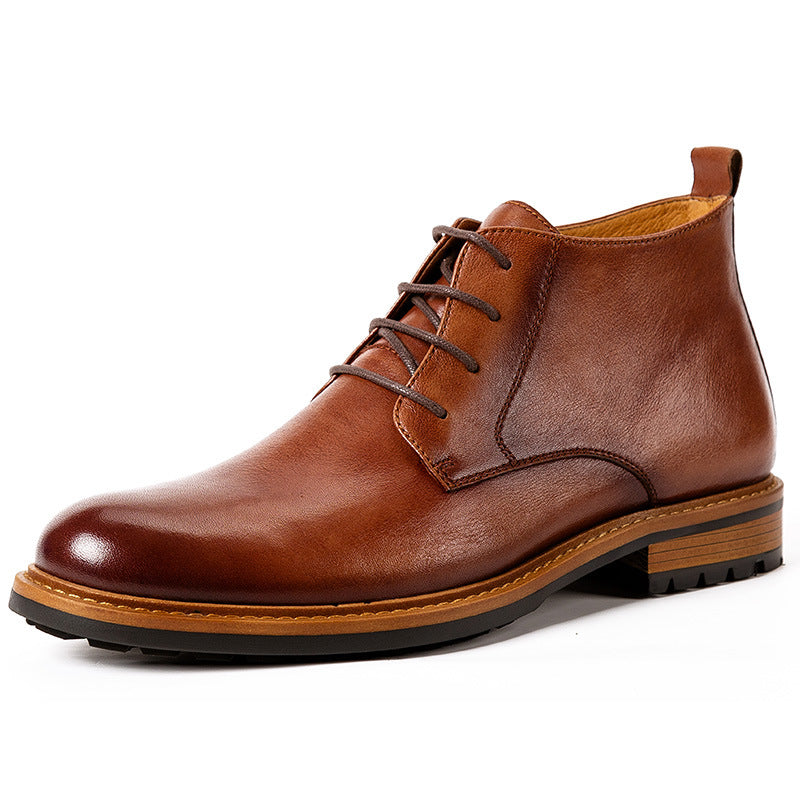 Men's tan-brown leather lace-up chukka boots with plain toe, contrast welt and outsole
