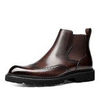 Men's genuine leather brown Chelsea dress boots, slip-on with elastic gore and brogue toe