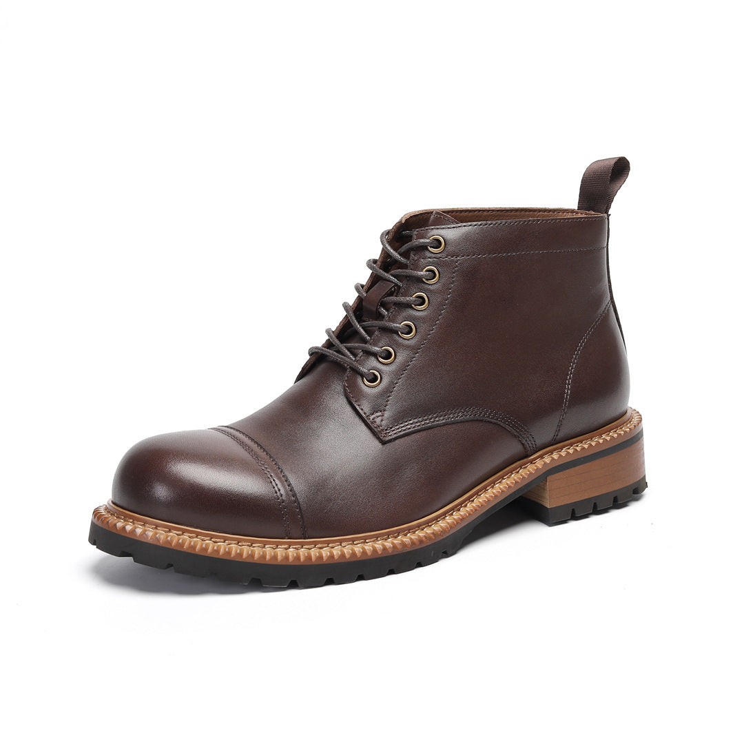 Cap Toe Leather Contrast-Welt Lace-Up Boots for Men