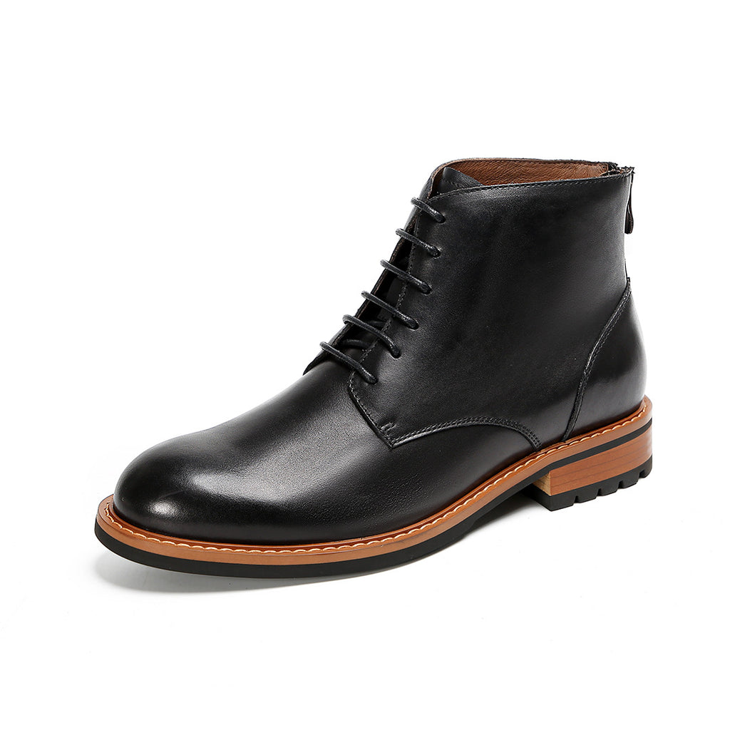 Black leather pointed-cap toe side-zip dress boots with lace-up front and orange welt