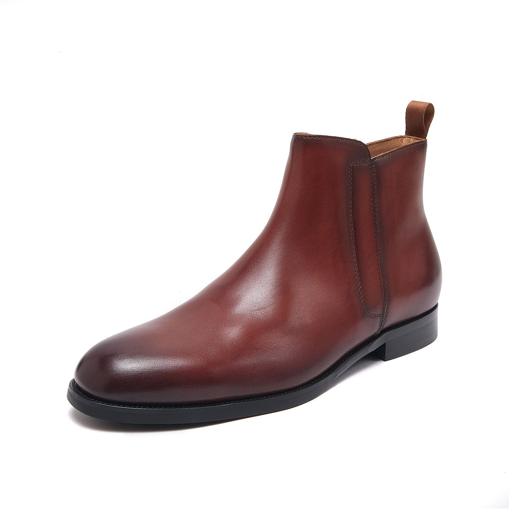 Pointed-toe leather side-zip dress boot in dark brown, side view on white