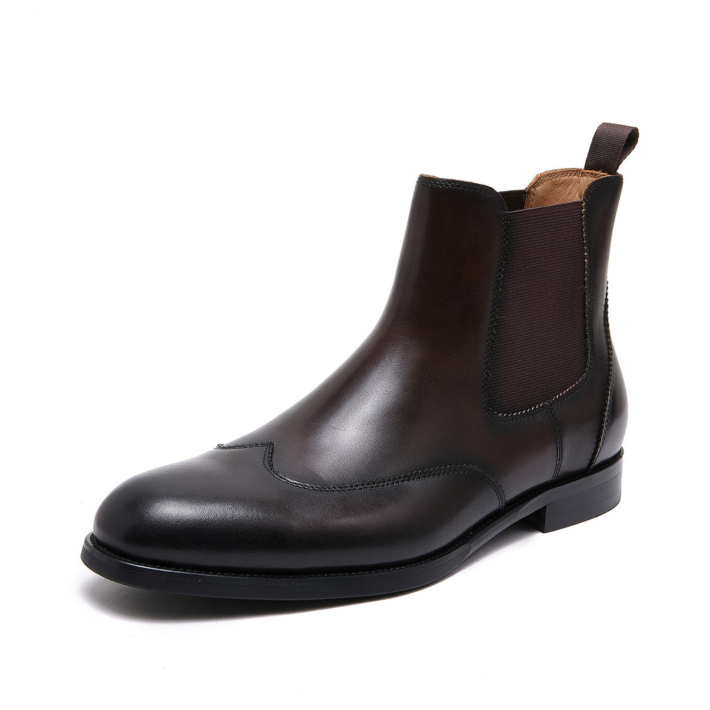 Pointed-toe dark chelsea dress boot with elastic side panel and low stacked heel