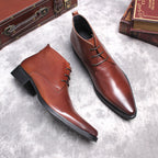 Brown leather lace-up dress boots with pointed toe, lace-up front, and low heel.