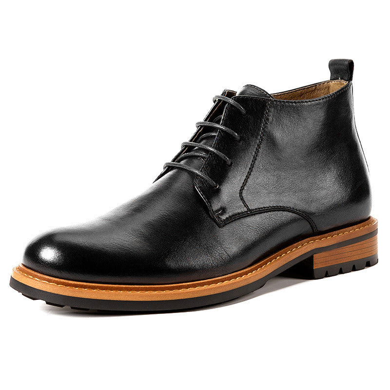 Men's black leather lace-up chukka boots with plain toe, brown welt and rubber outsole